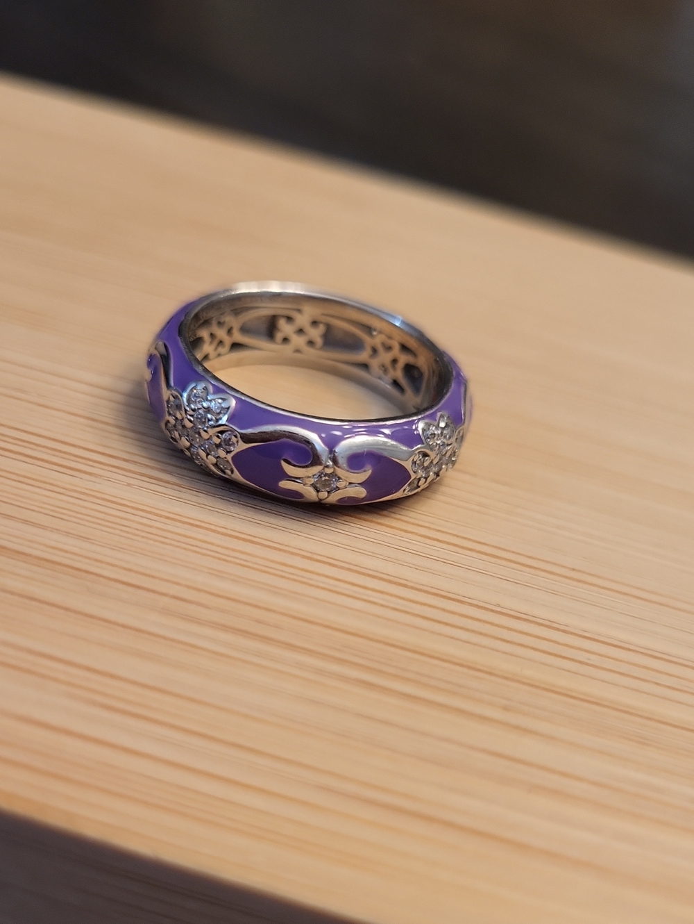 Sterling Silver 925 Purple Enamel CZ Floral wide band ring - Picture 5 of 12